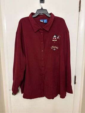 Disney Woman 3X Shirt Burgundy Mickey Mouse Embroidered Button Up Faux Suede